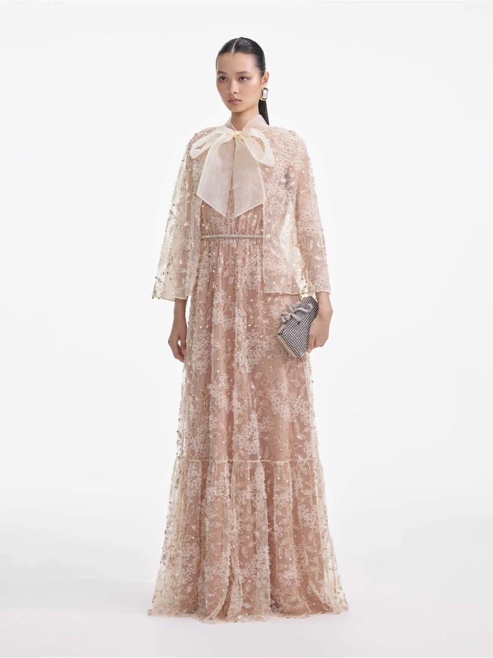 Self-Portrait EMBELLISHED CAPE MAXI DRESS with Bow Neck - Picture 3 of 9